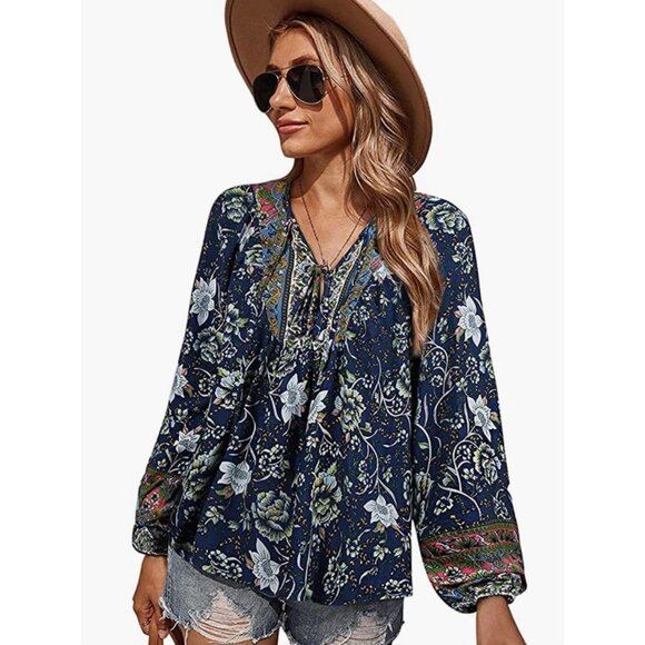 Navy Blue Boho Floral Printed Tie V-Neck Loose Flowy Long Sleeve Top Blouse - Picture 6 of 6